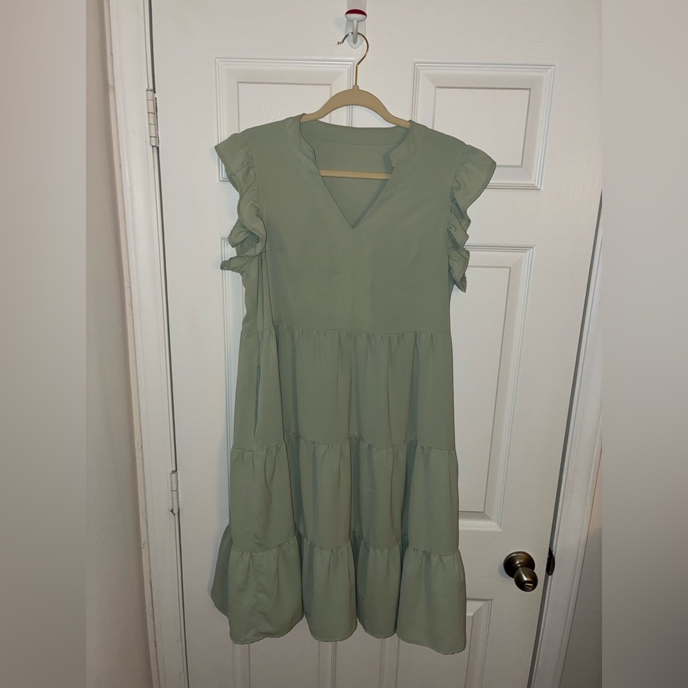Spring Ruffle Layered V Neck Midi Dress Light Green - Picture 4 of 6
